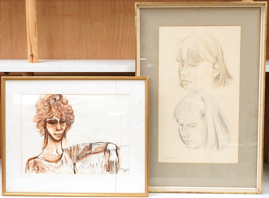 John Skelton (1925-2009), Portrait of a lady, signed and dated 1985, sepia, ink and wash together with a Portrait study of a young girl, pencil sketch, largest 50 x 29cm, Provenance: from the artist's family